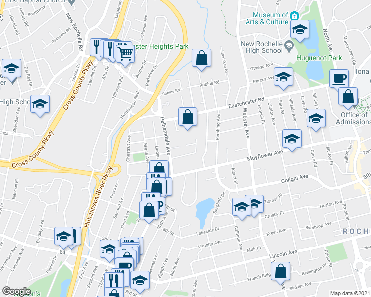 map of restaurants, bars, coffee shops, grocery stores, and more near 26 John Alden Road in New Rochelle