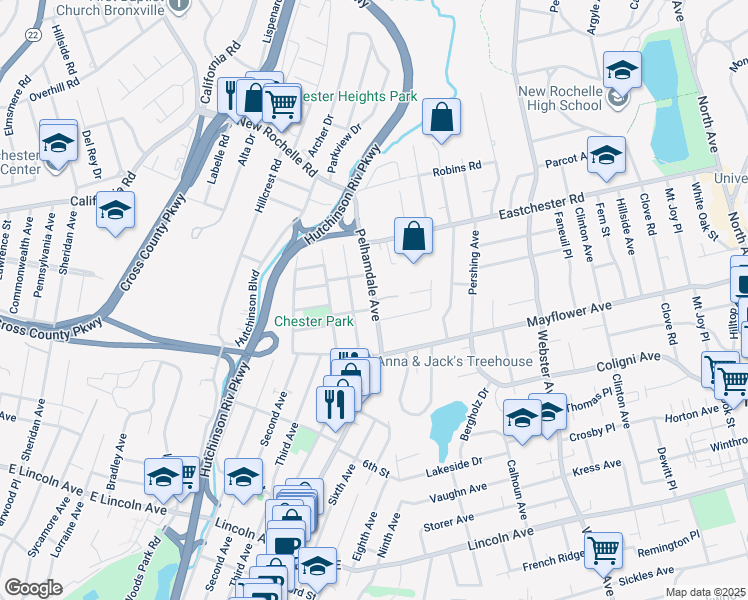 map of restaurants, bars, coffee shops, grocery stores, and more near 70 Central Avenue in Village of Pelham