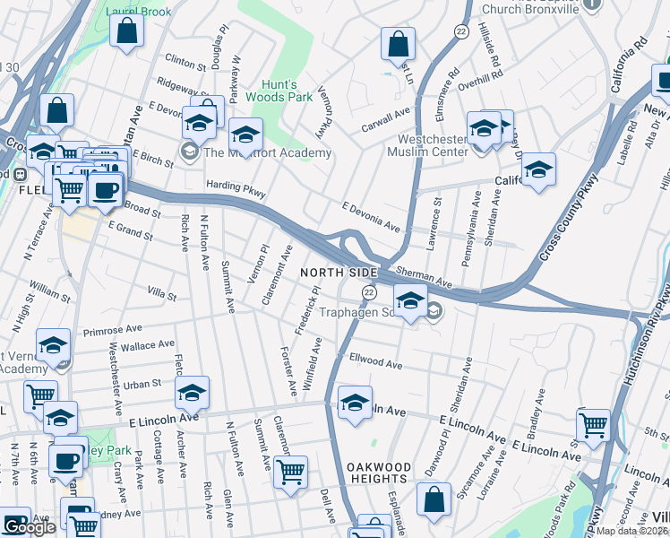map of restaurants, bars, coffee shops, grocery stores, and more near 101 Frederick Place in Mount Vernon