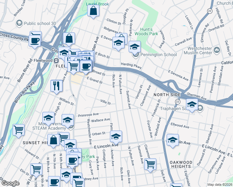 map of restaurants, bars, coffee shops, grocery stores, and more near 335 Rich Avenue in Mount Vernon