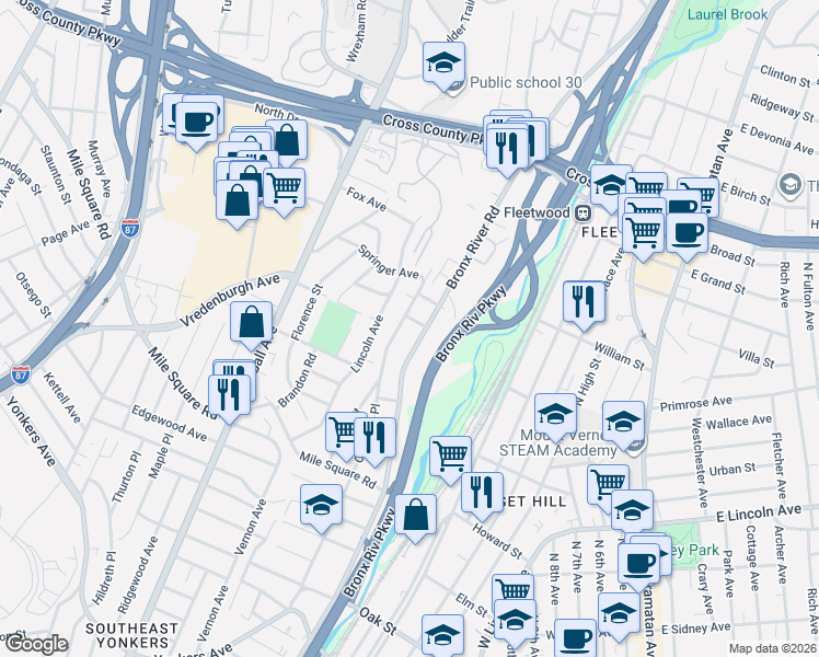 map of restaurants, bars, coffee shops, grocery stores, and more near 687 Bronx River Road in Yonkers