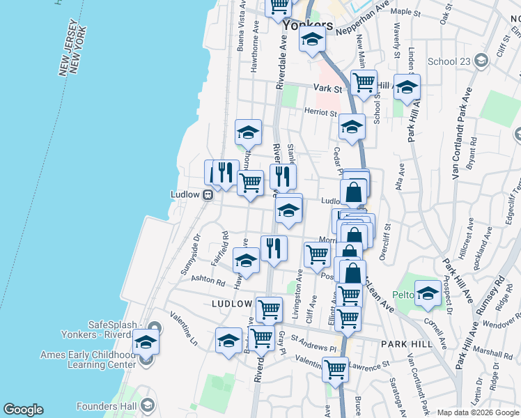 map of restaurants, bars, coffee shops, grocery stores, and more near 18 Pier Street in Yonkers