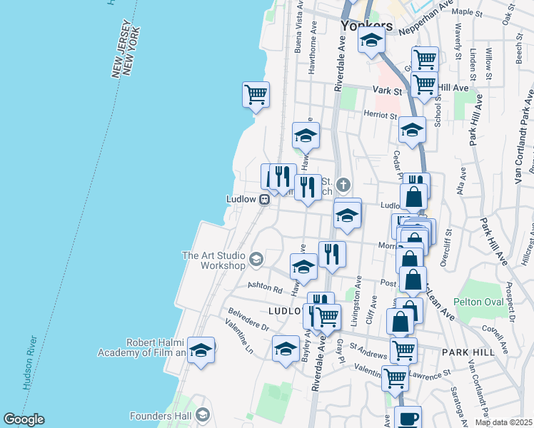 map of restaurants, bars, coffee shops, grocery stores, and more near 25 Sunnyside Drive in Yonkers