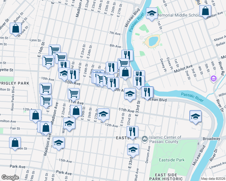 map of restaurants, bars, coffee shops, grocery stores, and more near in Paterson