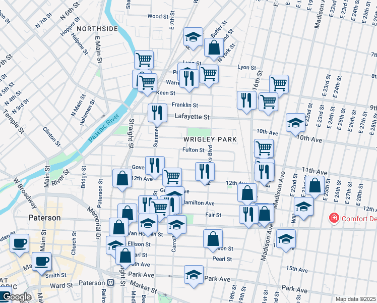 map of restaurants, bars, coffee shops, grocery stores, and more near 201 Harrison Street in Paterson