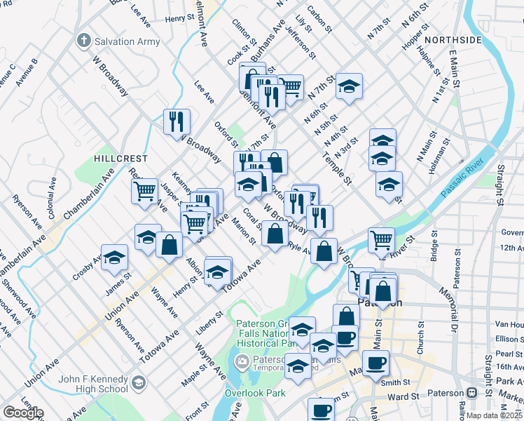 map of restaurants, bars, coffee shops, grocery stores, and more near in Paterson