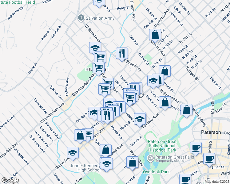 map of restaurants, bars, coffee shops, grocery stores, and more near 137 Albion Avenue in Paterson