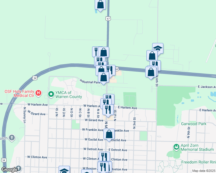 map of restaurants, bars, coffee shops, grocery stores, and more near 117 East Jackson Avenue in Monmouth