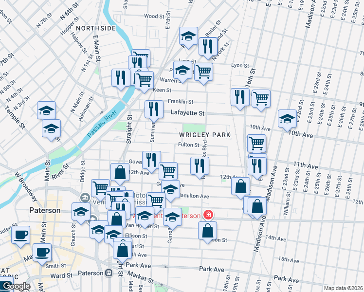 map of restaurants, bars, coffee shops, grocery stores, and more near 164 Fulton Street in Paterson