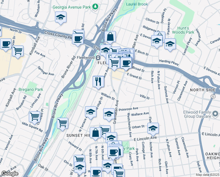 map of restaurants, bars, coffee shops, grocery stores, and more near 30 Fleetwood Avenue in Mount Vernon