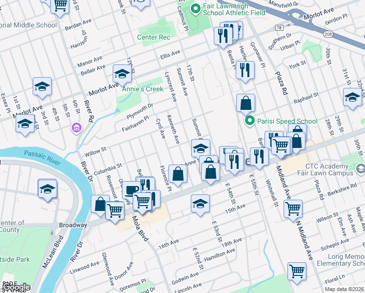 map of restaurants, bars, coffee shops, grocery stores, and more near 2-25 Kenneth Avenue in Fair Lawn