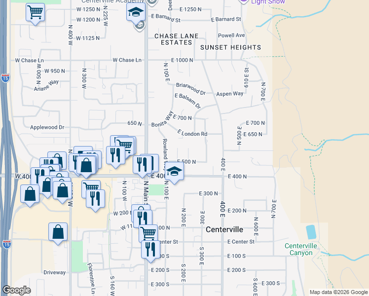 map of restaurants, bars, coffee shops, grocery stores, and more near 563 North 220 East in Centerville