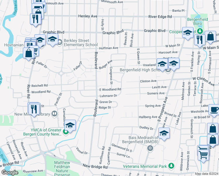 map of restaurants, bars, coffee shops, grocery stores, and more near 347 East Woodland Road in New Milford