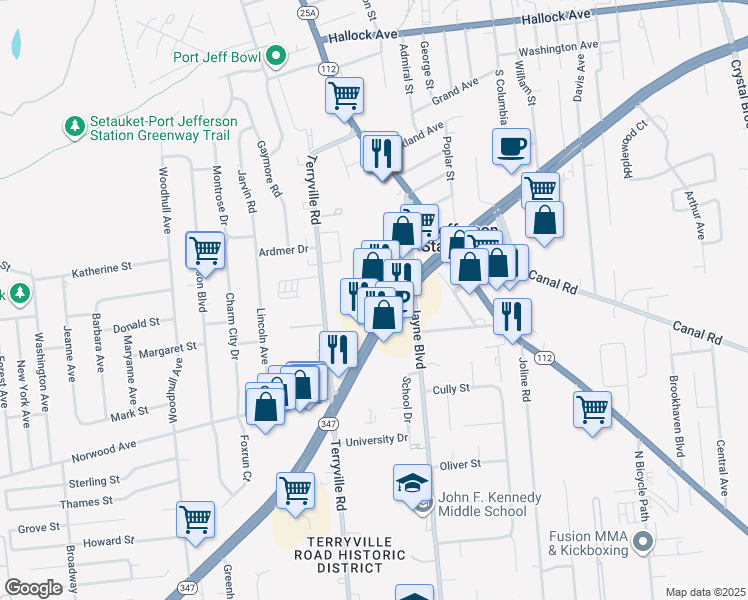 map of restaurants, bars, coffee shops, grocery stores, and more near 5178 Nesconset Highway in Port Jefferson Station