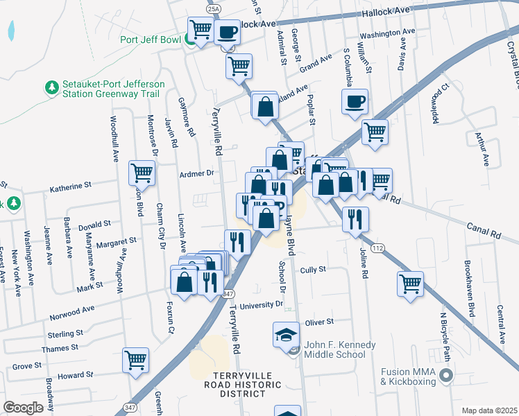 map of restaurants, bars, coffee shops, grocery stores, and more near 5178 Nesconset Highway in Port Jefferson Station