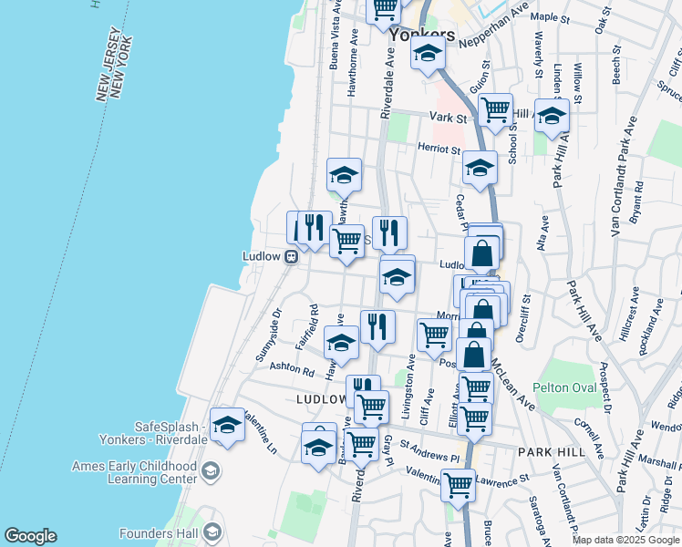 map of restaurants, bars, coffee shops, grocery stores, and more near 36 Pier Street in Yonkers