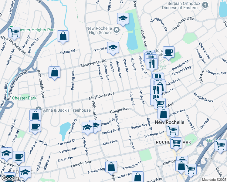 map of restaurants, bars, coffee shops, grocery stores, and more near 183 Clinton Avenue in New Rochelle