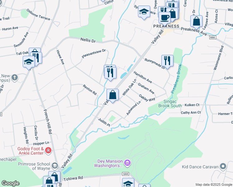 map of restaurants, bars, coffee shops, grocery stores, and more near 298 Valley Road in Wayne