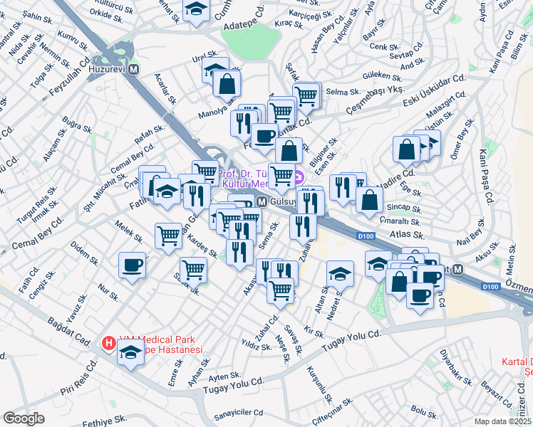 map of restaurants, bars, coffee shops, grocery stores, and more near Fil Yokuşu Sokak in Maltepe