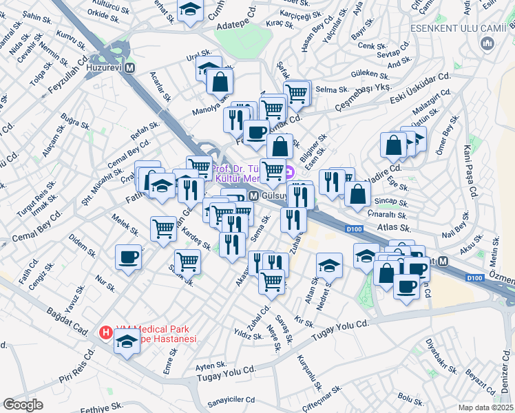 map of restaurants, bars, coffee shops, grocery stores, and more near Fil Yokuşu Sokak in Maltepe