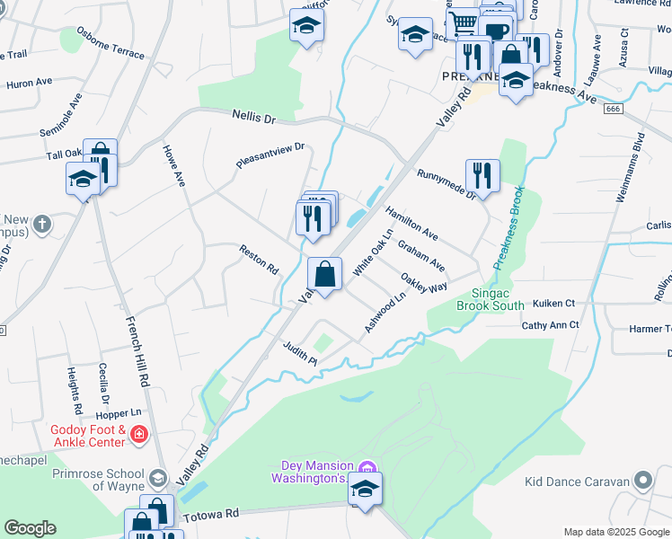 map of restaurants, bars, coffee shops, grocery stores, and more near 298 Valley Road in Wayne