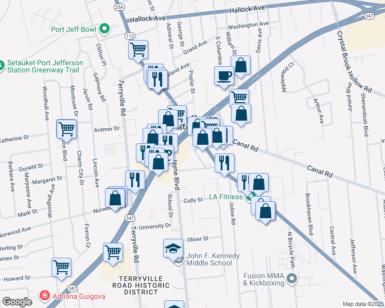 map of restaurants, bars, coffee shops, grocery stores, and more near 7 Roosevelt Avenue in Port Jefferson Station