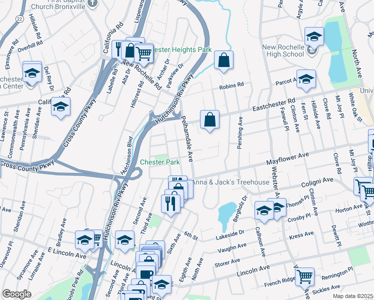 map of restaurants, bars, coffee shops, grocery stores, and more near 70 Central Avenue in Village of Pelham