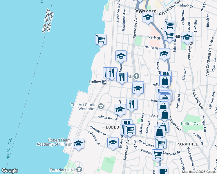 map of restaurants, bars, coffee shops, grocery stores, and more near 25 Sunnyside Drive in Yonkers