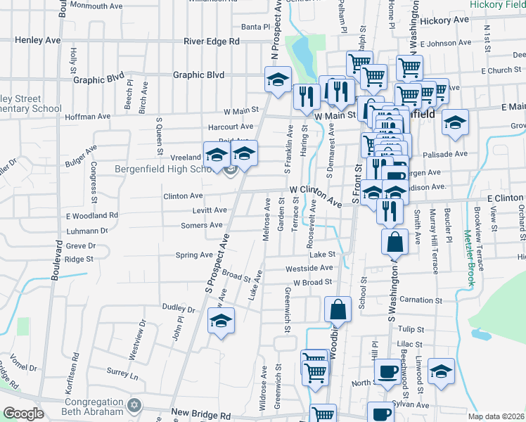 map of restaurants, bars, coffee shops, grocery stores, and more near 140 Anderson Avenue in Bergenfield