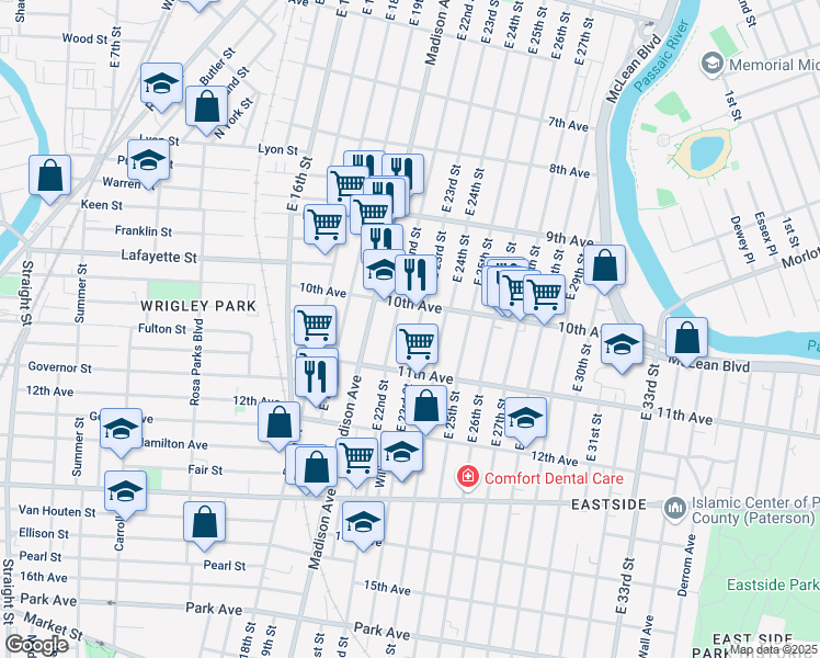 map of restaurants, bars, coffee shops, grocery stores, and more near 511 East 22nd Street in Paterson