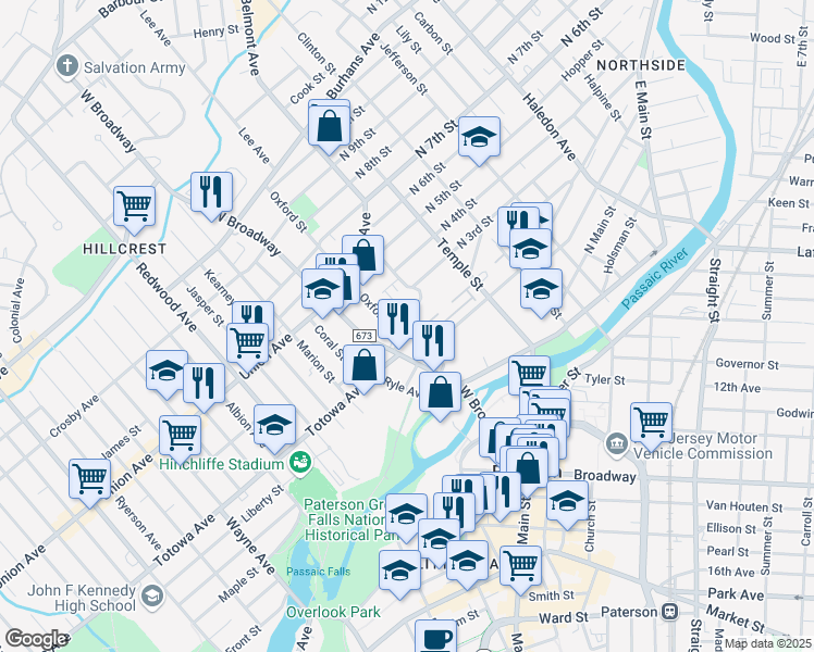 map of restaurants, bars, coffee shops, grocery stores, and more near 9 Cliff Street in Paterson