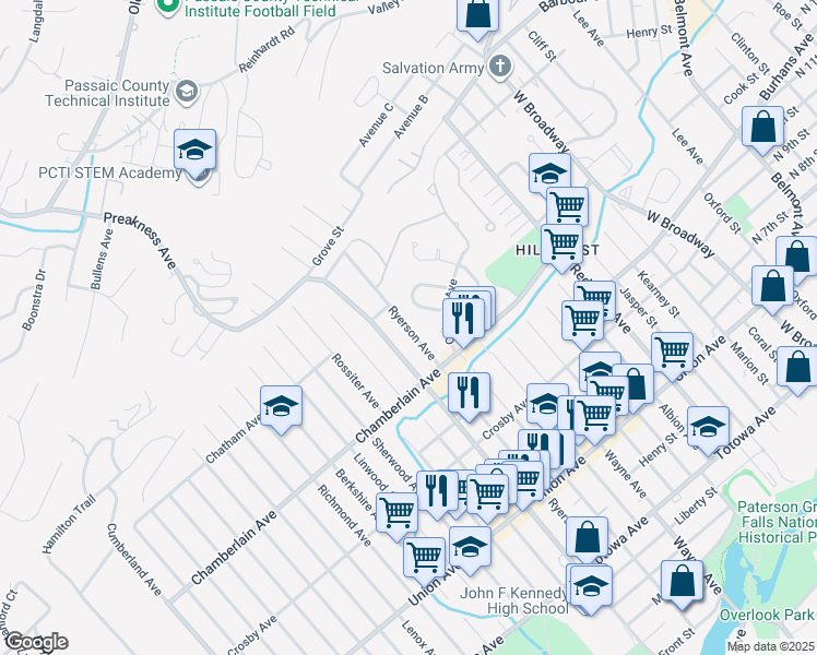map of restaurants, bars, coffee shops, grocery stores, and more near 245 Ryerson Avenue in Paterson