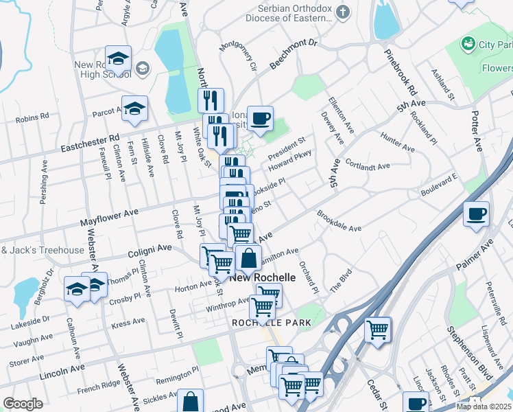 map of restaurants, bars, coffee shops, grocery stores, and more near 30 Treno Street in New Rochelle