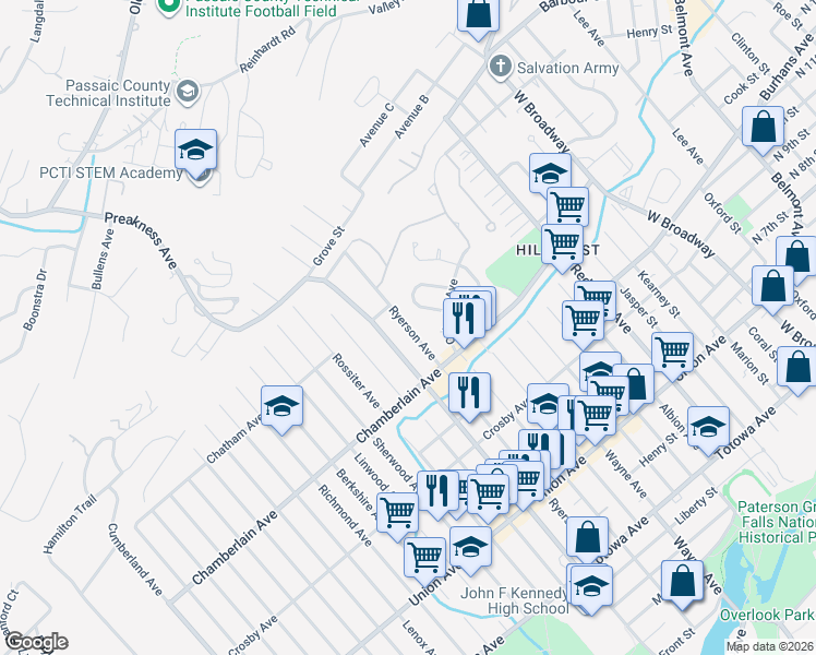 map of restaurants, bars, coffee shops, grocery stores, and more near 245 Ryerson Avenue in Paterson