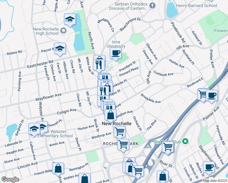 map of restaurants, bars, coffee shops, grocery stores, and more near 30 Treno Street in New Rochelle