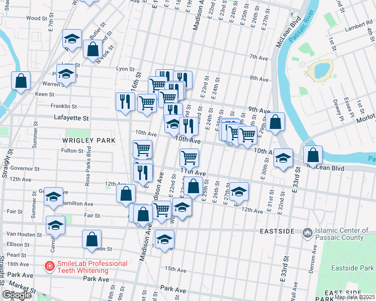 map of restaurants, bars, coffee shops, grocery stores, and more near 498 East 23rd Street in Paterson