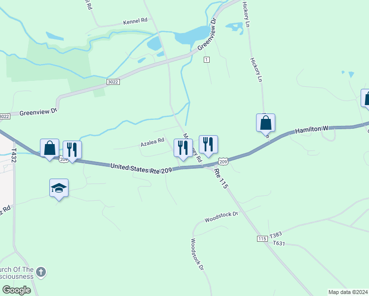 map of restaurants, bars, coffee shops, grocery stores, and more near 123 Mcilhaney Road in Stroudsburg