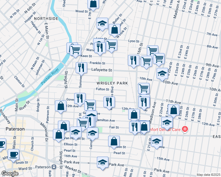 map of restaurants, bars, coffee shops, grocery stores, and more near 152 Rosa Parks Boulevard in Paterson