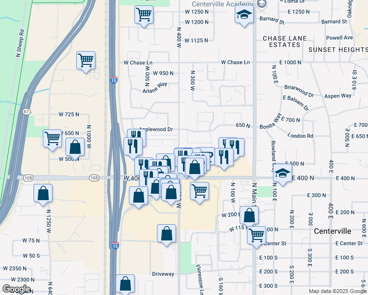 map of restaurants, bars, coffee shops, grocery stores, and more near 359 West 550 North in Centerville