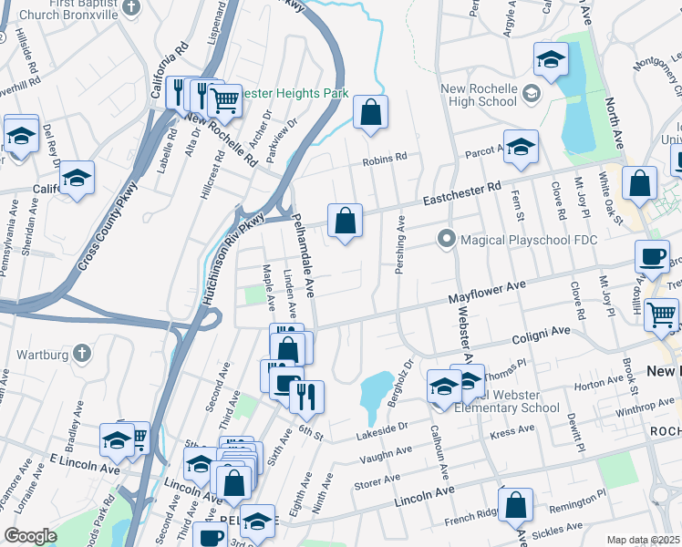 map of restaurants, bars, coffee shops, grocery stores, and more near 26 John Alden Road in New Rochelle