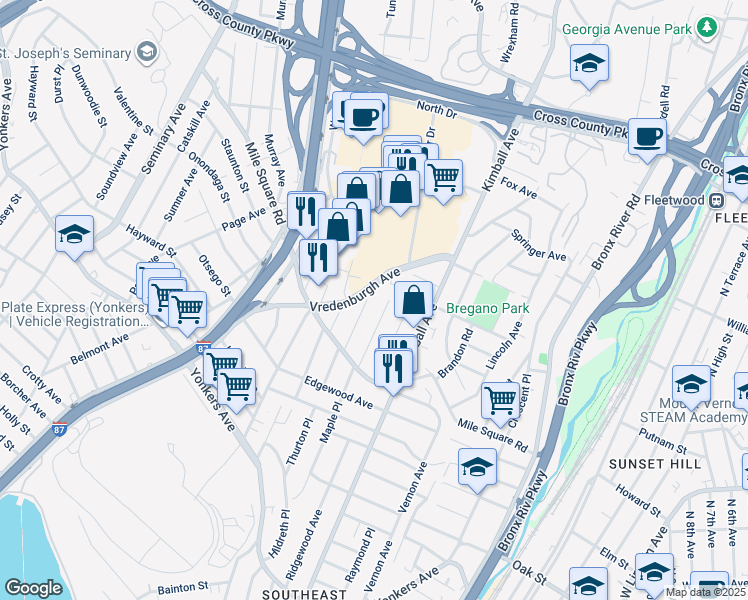map of restaurants, bars, coffee shops, grocery stores, and more near 72 Byron Avenue in Yonkers