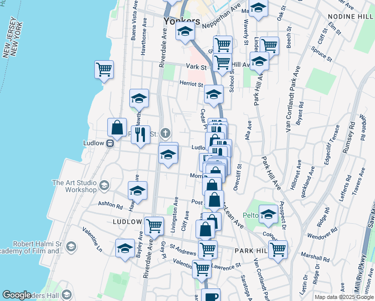 map of restaurants, bars, coffee shops, grocery stores, and more near 22 Livingston Avenue in Yonkers