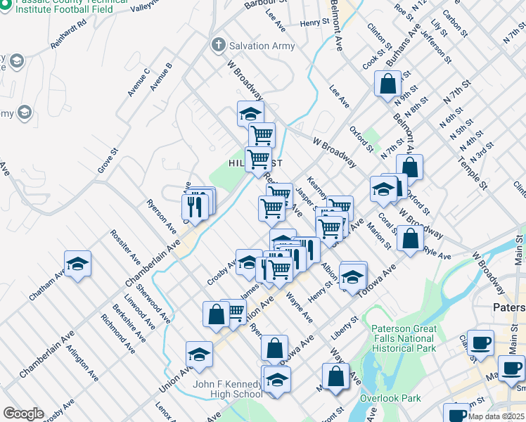 map of restaurants, bars, coffee shops, grocery stores, and more near 159 Sheridan Avenue in Paterson