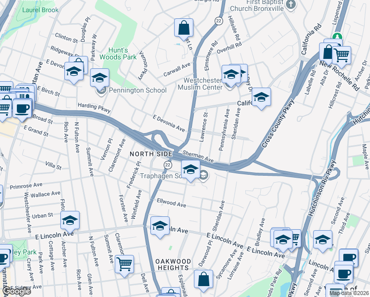map of restaurants, bars, coffee shops, grocery stores, and more near 3 Sherman Avenue in Mount Vernon