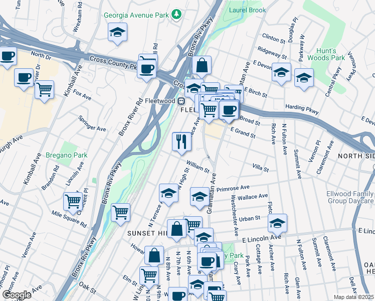 map of restaurants, bars, coffee shops, grocery stores, and more near 621 North Terrace Avenue in Mount Vernon