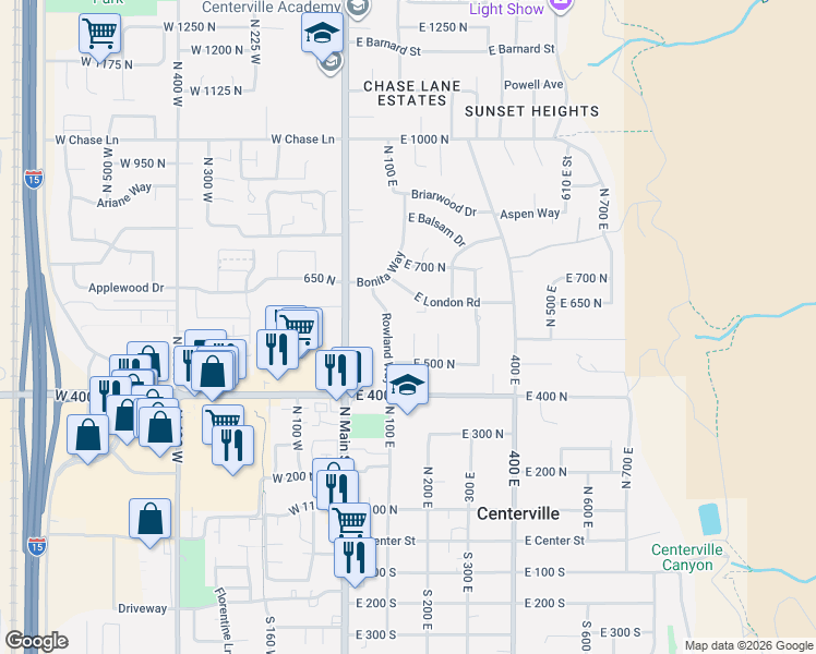 map of restaurants, bars, coffee shops, grocery stores, and more near 583 North 180 East in Centerville