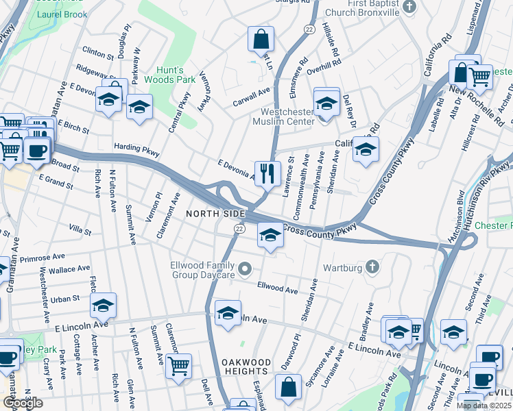 map of restaurants, bars, coffee shops, grocery stores, and more near 401 Route 22 in Mount Vernon