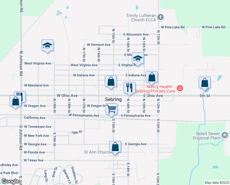 map of restaurants, bars, coffee shops, grocery stores, and more near 146 East Ohio Avenue in Sebring