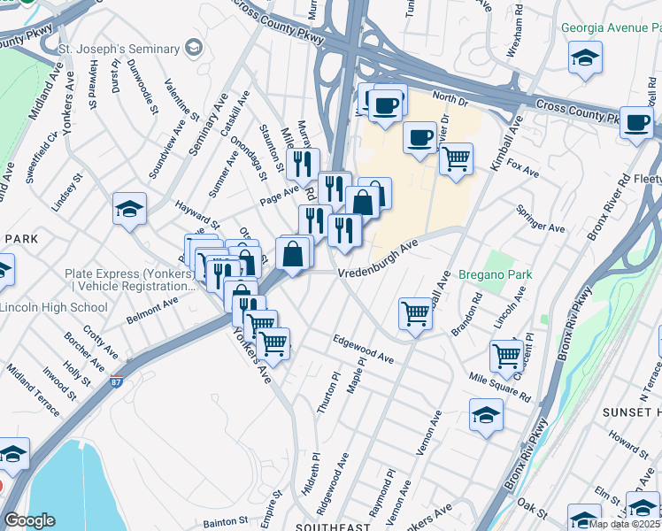 map of restaurants, bars, coffee shops, grocery stores, and more near 18 Vredenburgh Avenue in Yonkers
