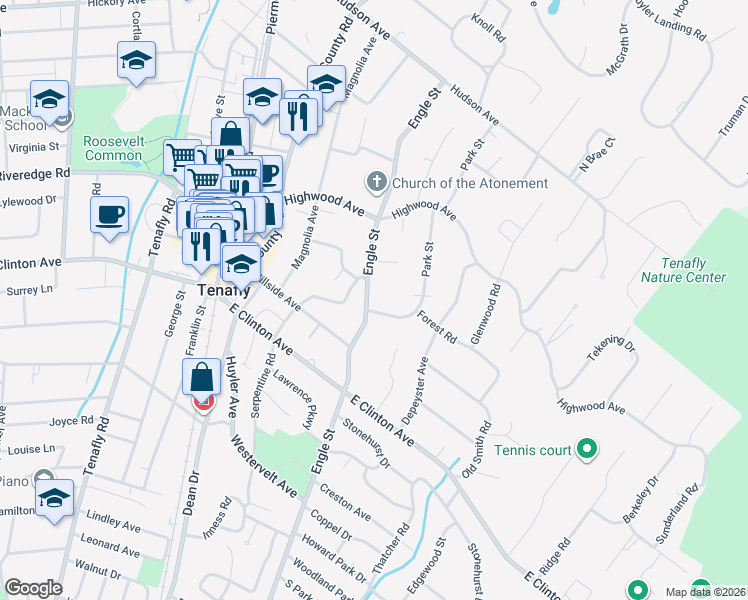map of restaurants, bars, coffee shops, grocery stores, and more near 8 Forest Road in Tenafly